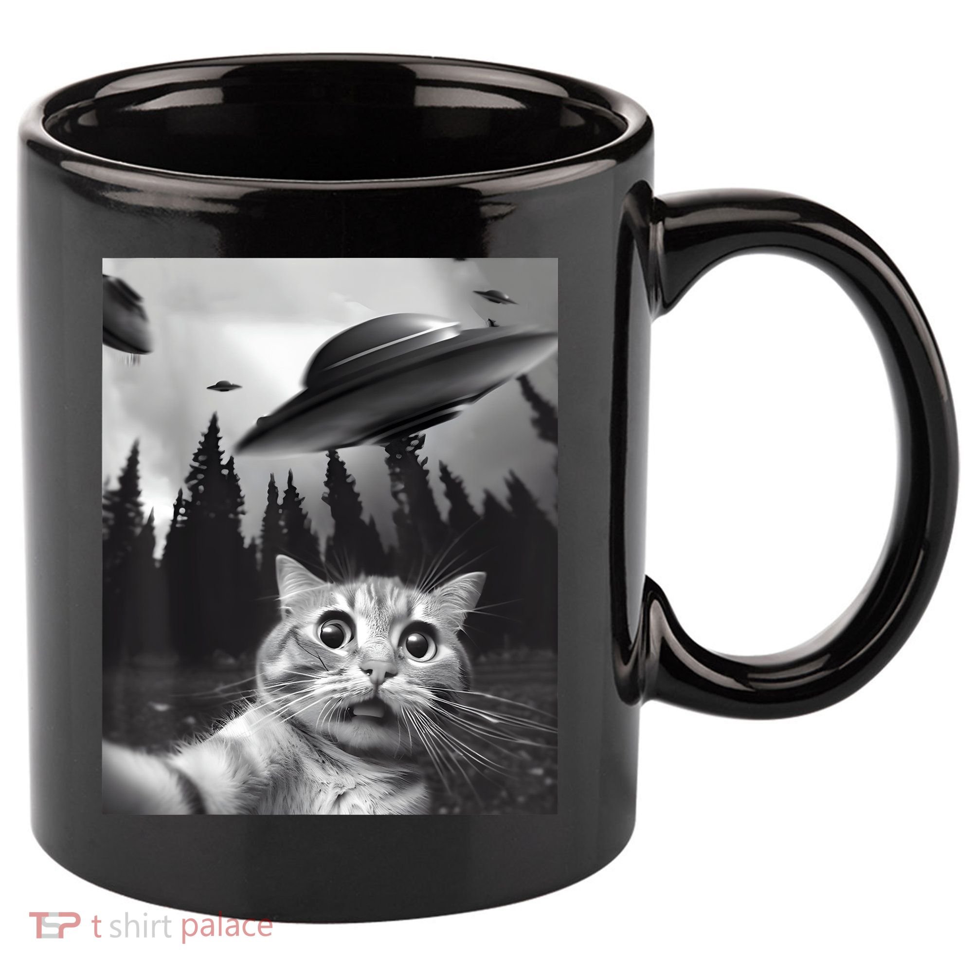 Alien UFO Funny Cat Selfie 11oz C Handle Ceramic Mug