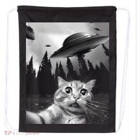 Alien UFO Funny Cat Selfie Drawstring Bag thumb 0