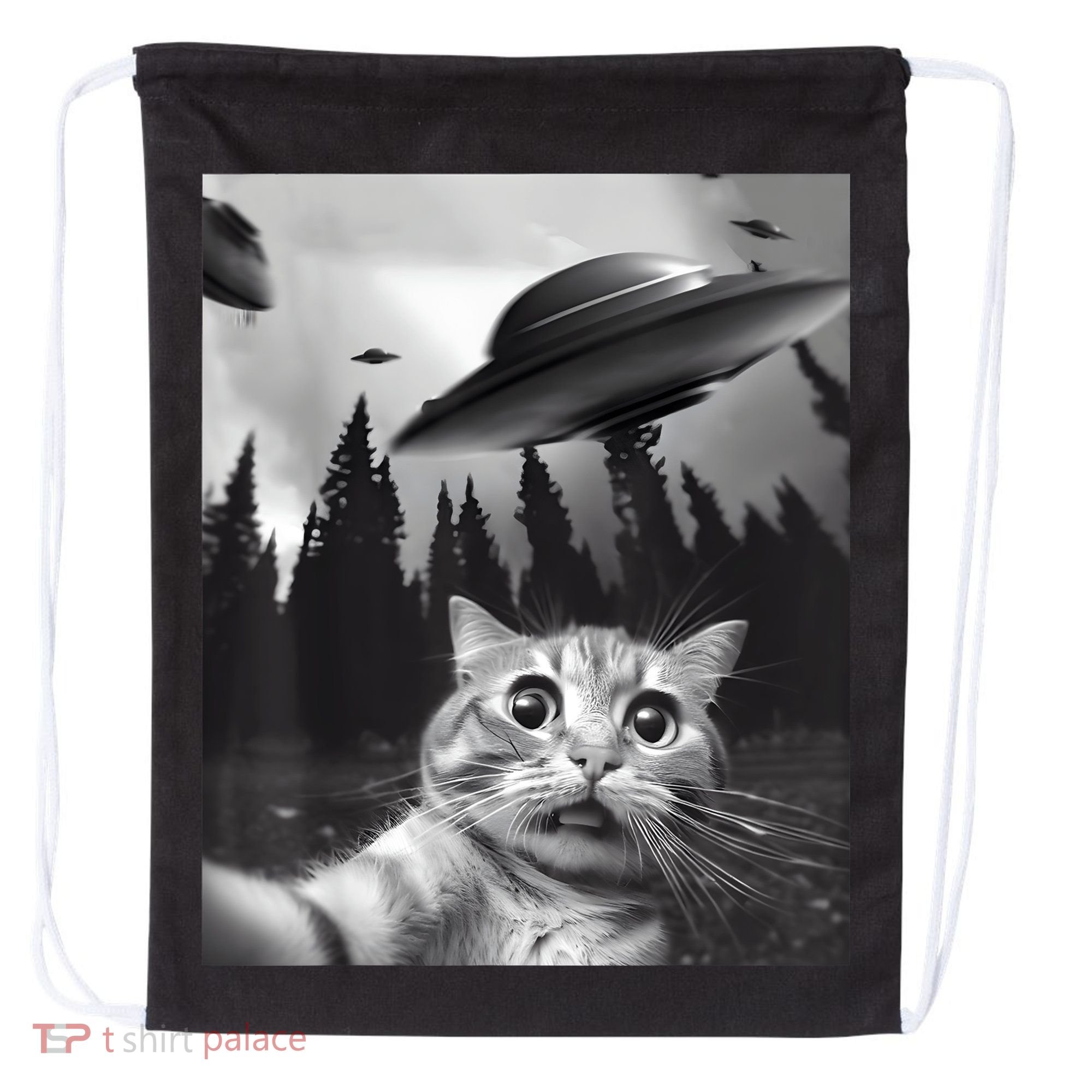 Alien UFO Funny Cat Selfie Drawstring Bag