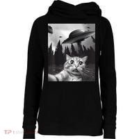 Alien UFO Funny Cat Selfie Womens Funnel Neck Pullover Hood thumb 0