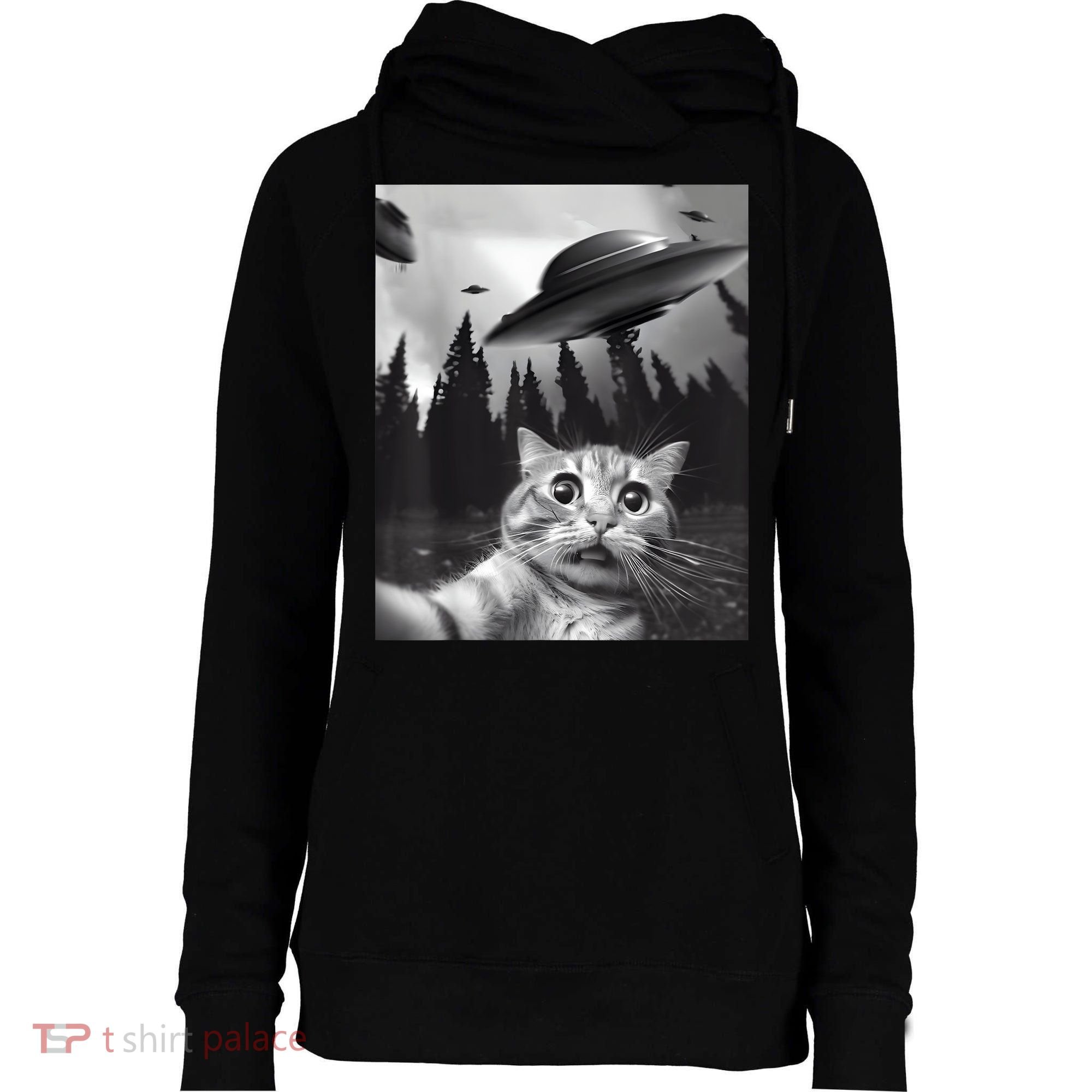 Alien UFO Funny Cat Selfie Womens Funnel Neck Pullover Hood