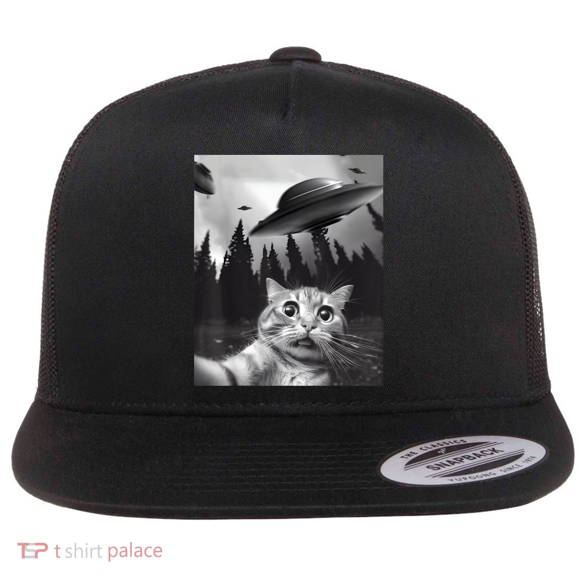 Alien UFO Funny Cat Selfie Flat Bill Trucker Hat