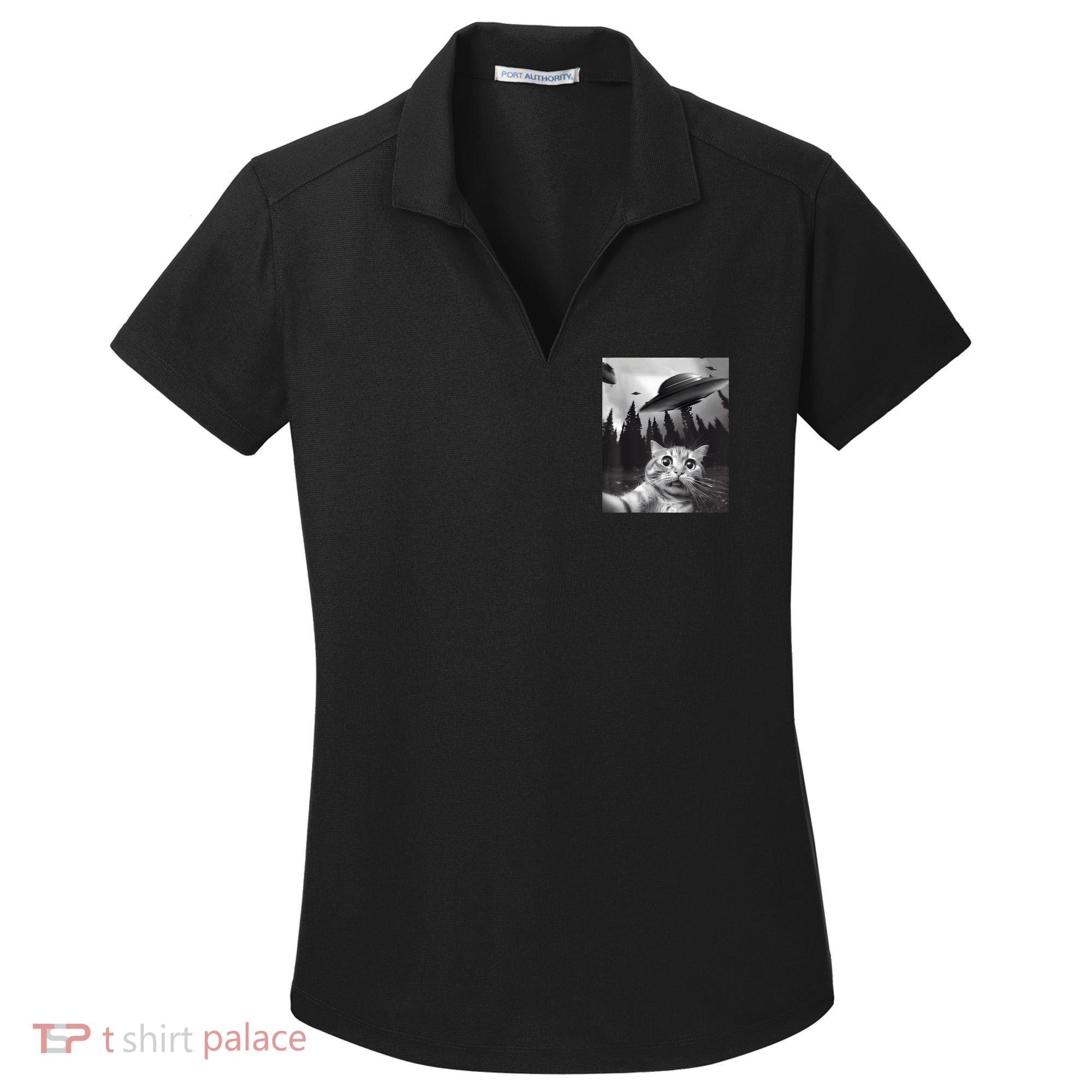 Alien UFO Funny Cat Selfie Women's Dry Zone Grid Polo