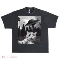 Alien UFO Funny Cat Selfie Urban Oversized Heavyweight T-Shirt thumb 0