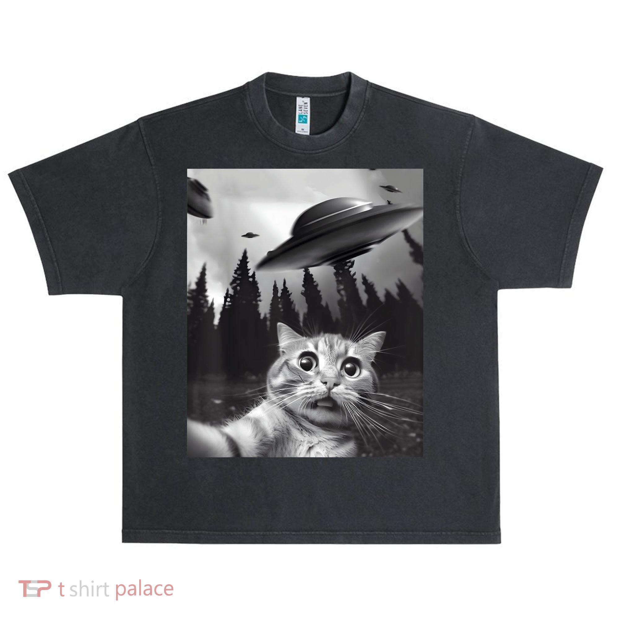 Alien UFO Funny Cat Selfie Urban Oversized Heavyweight T-Shirt