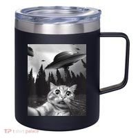 Alien UFO Funny Cat Selfie 12oz Stainless Steel Coffee Mug thumb 0