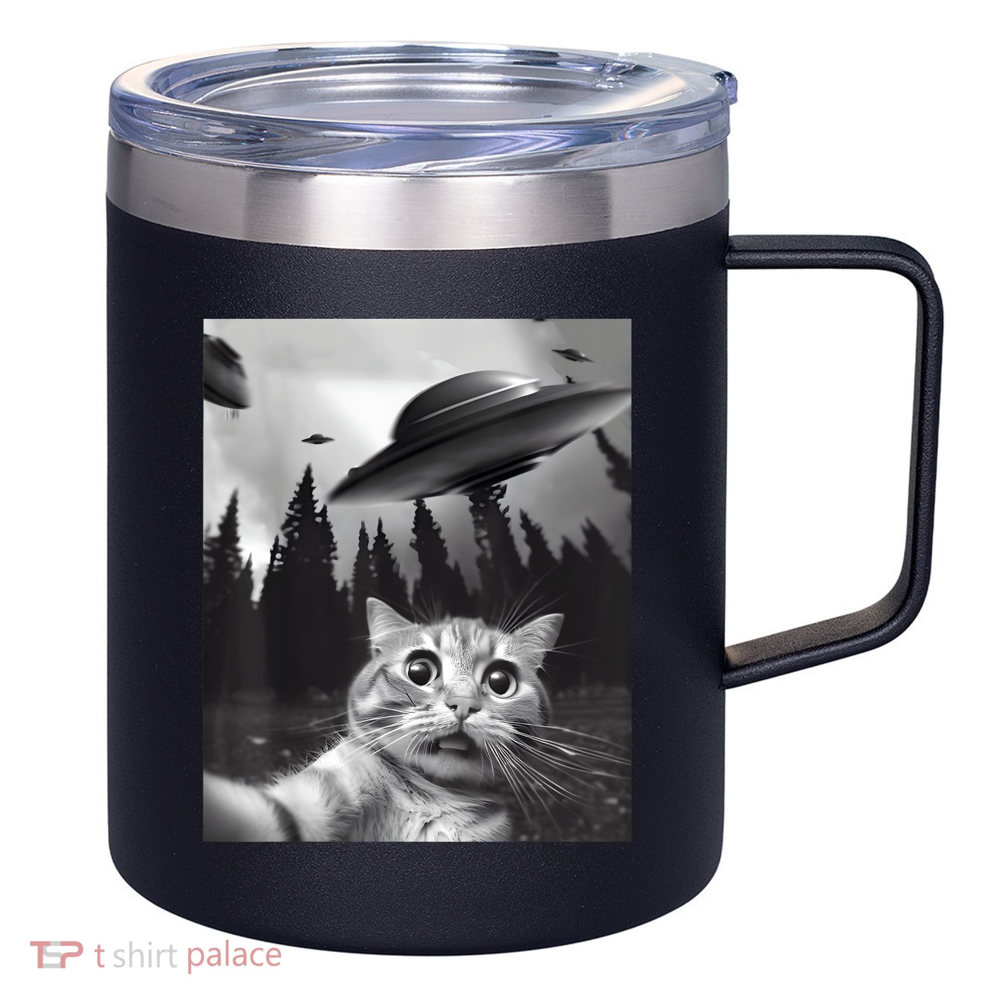 Alien UFO Funny Cat Selfie 12oz Stainless Steel Coffee Mug