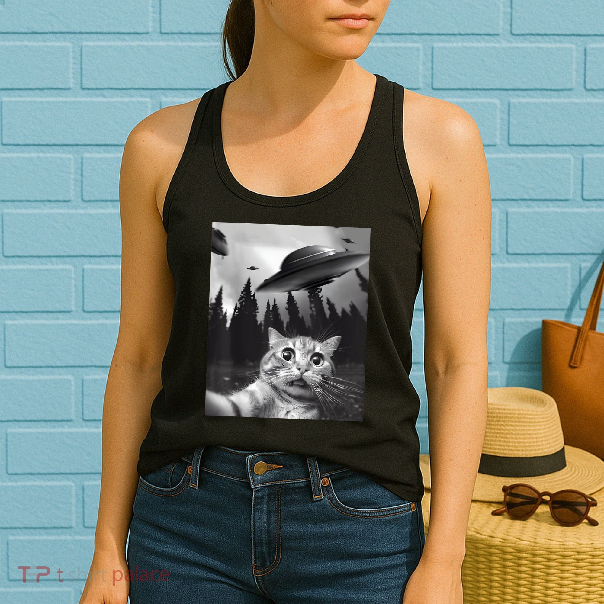Alien UFO Funny Cat Selfie Women's Tank Top