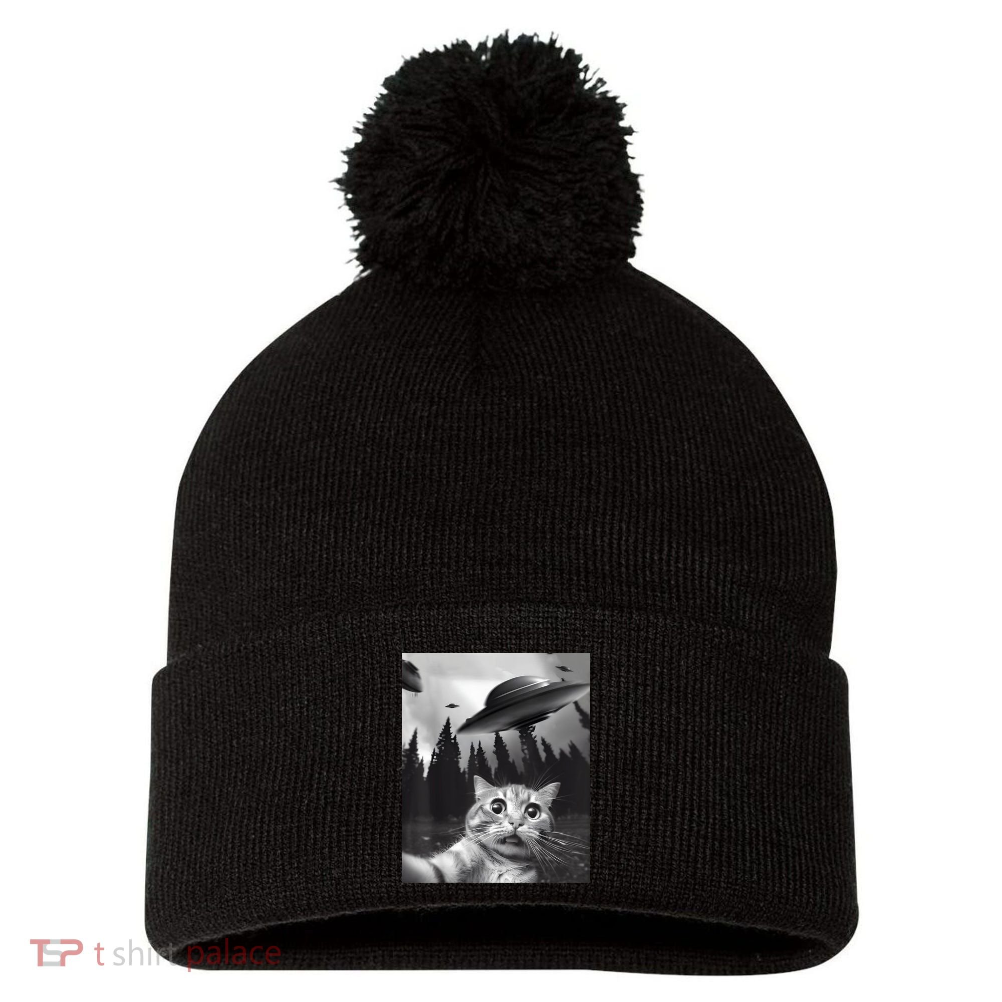 Alien UFO Funny Cat Selfie Pom Pom 12in Knit Beanie