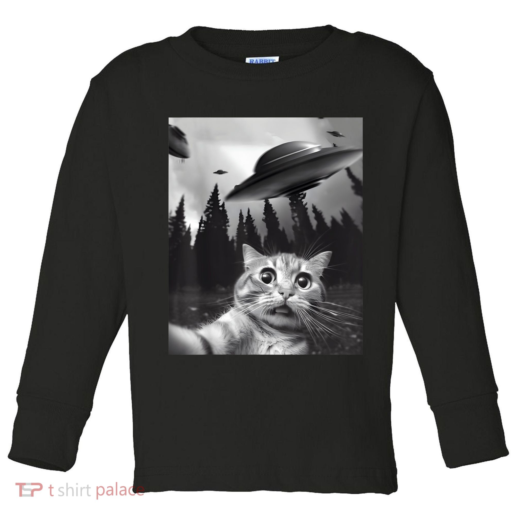Alien UFO Funny Cat Selfie Toddler Long Sleeve Shirt