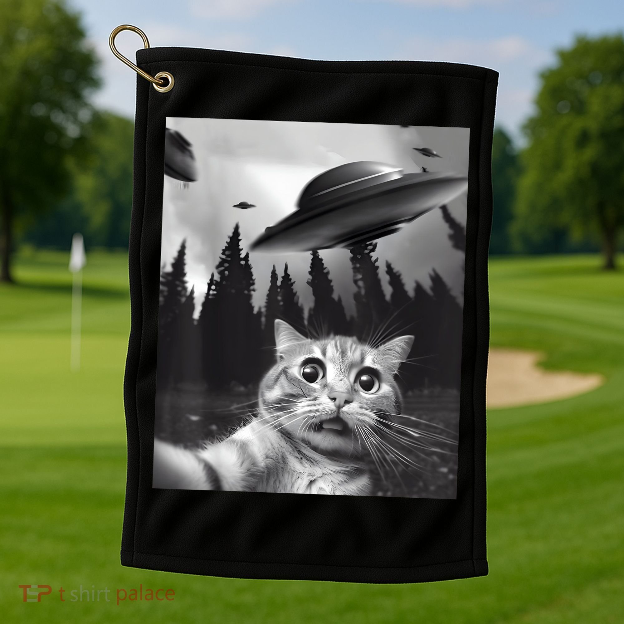Alien UFO Funny Cat Selfie Golf Towel