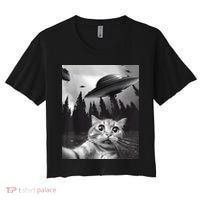 Alien UFO Funny Cat Selfie Women's Crop Top Tee thumb 0