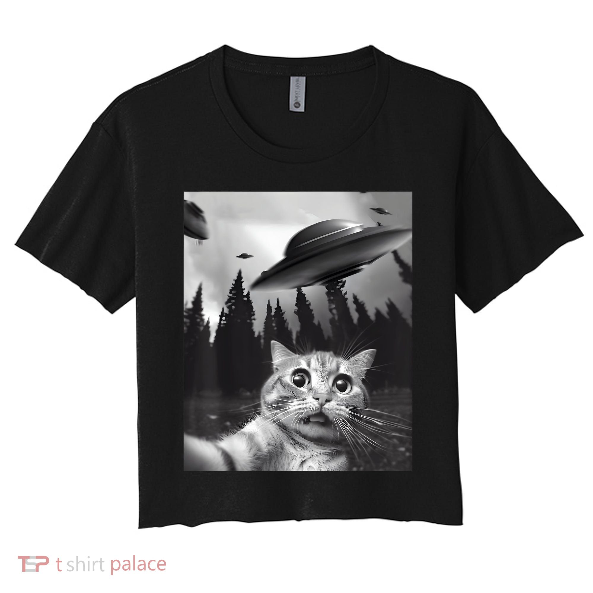 Alien UFO Funny Cat Selfie Women's Crop Top Tee