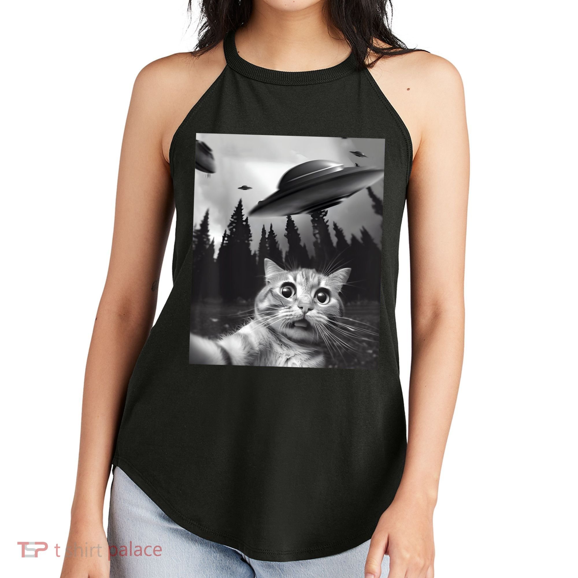 Alien UFO Funny Cat Selfie Women's Perfect Tri Rocker Tank