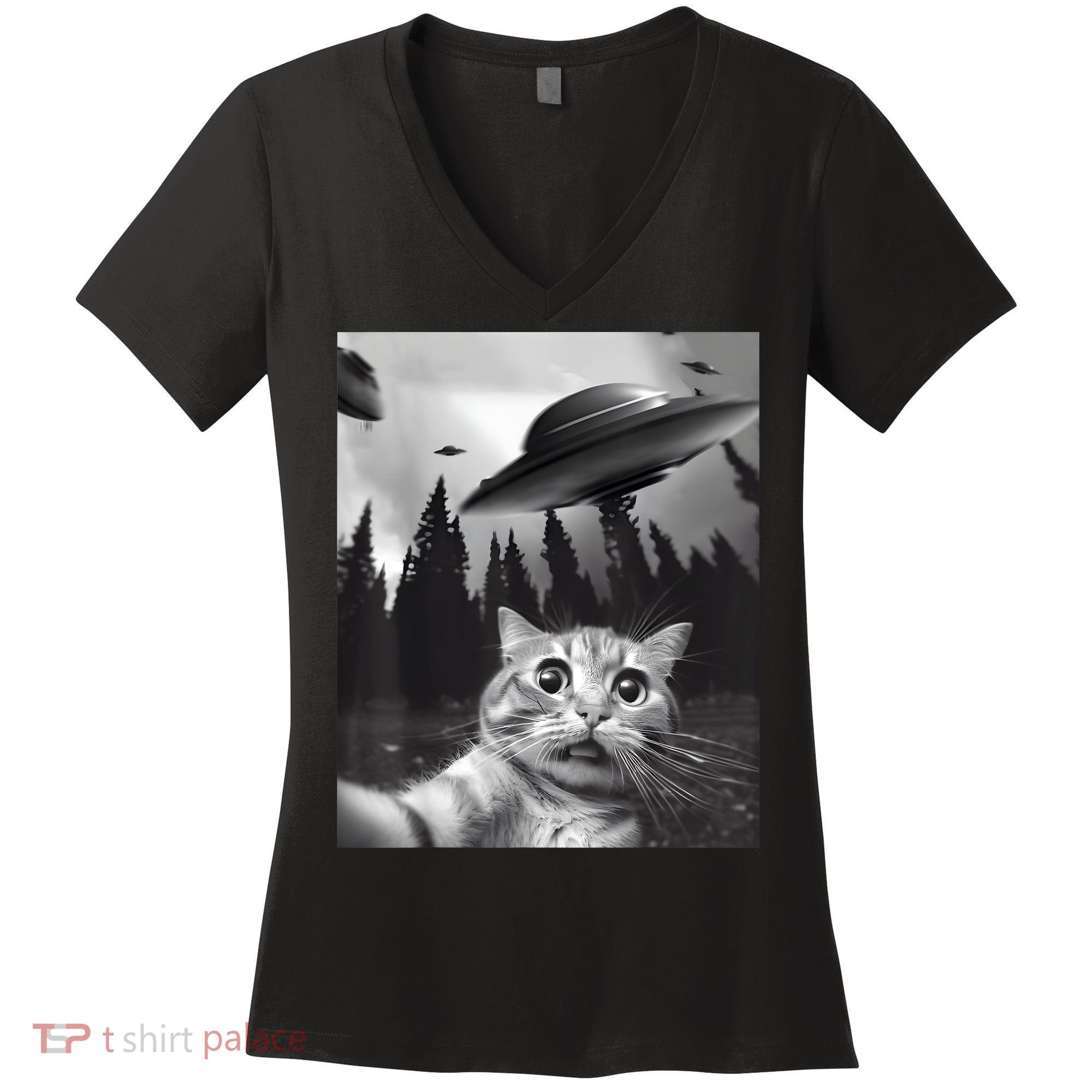 Alien UFO Funny Cat Selfie Women's V-Neck T-Shirt