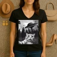 Alien UFO Funny Cat Selfie Women's V-Neck T-Shirt thumb 3