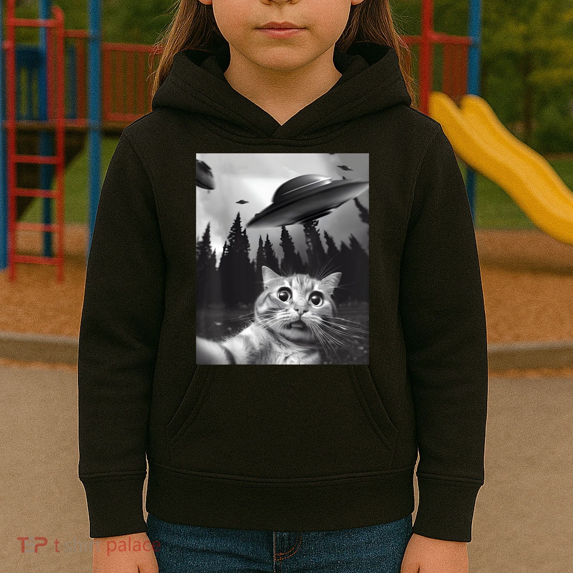 Alien UFO Funny Cat Selfie Kids Hoodie
