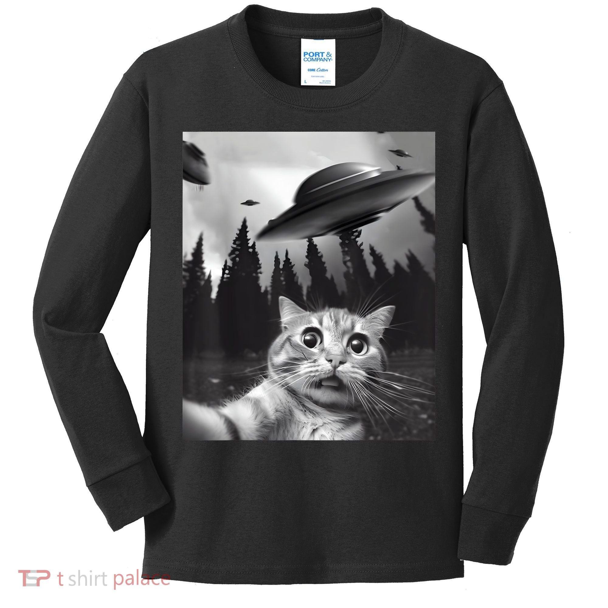 Alien UFO Funny Cat Selfie Kids Long Sleeve Shirt