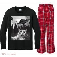 Alien UFO Funny Cat Selfie Kids Long Sleeve Plaid Pajama Set thumb 0
