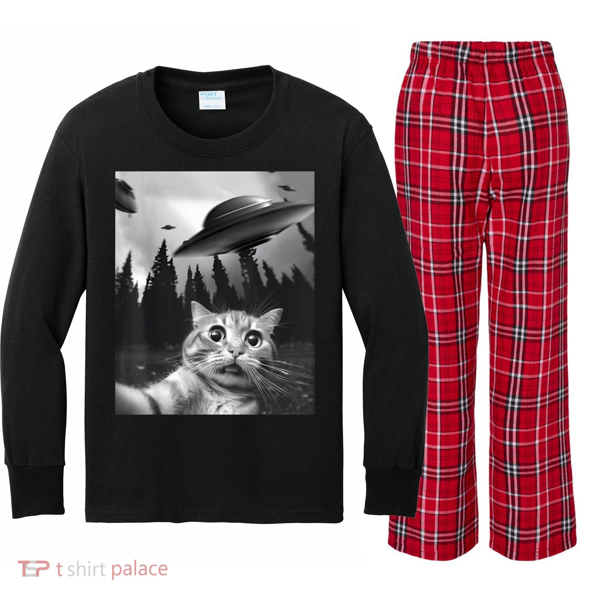 Alien UFO Funny Cat Selfie Kids Long Sleeve Plaid Pajama Set