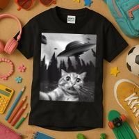 Alien UFO Funny Cat Selfie Kids T-Shirt thumb 3