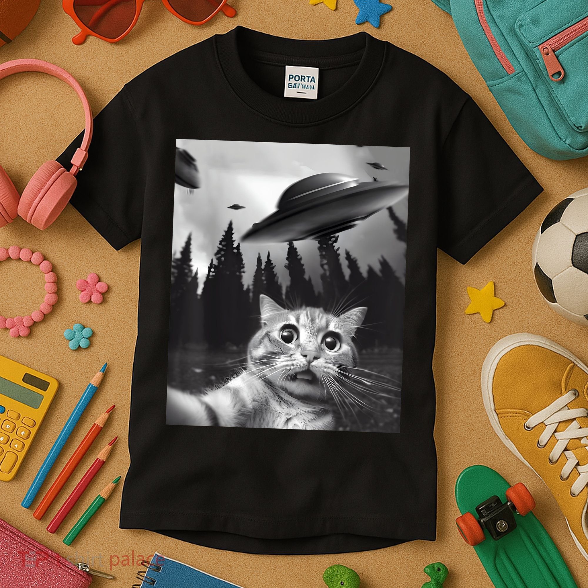 Alien UFO Funny Cat Selfie Kids T-Shirt