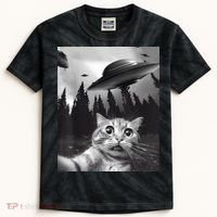 Alien UFO Funny Cat Selfie Kids Tie-Dye T-Shirt thumb 0
