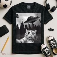 Alien UFO Funny Cat Selfie Kids Tie-Dye T-Shirt thumb 2