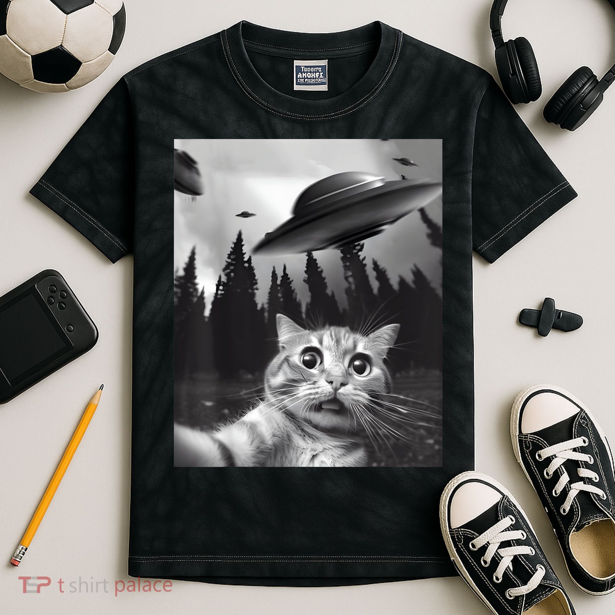 Alien UFO Funny Cat Selfie Kids Tie-Dye T-Shirt