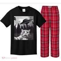 Alien UFO Funny Cat Selfie Kids Plaid Pajama Set thumb 0