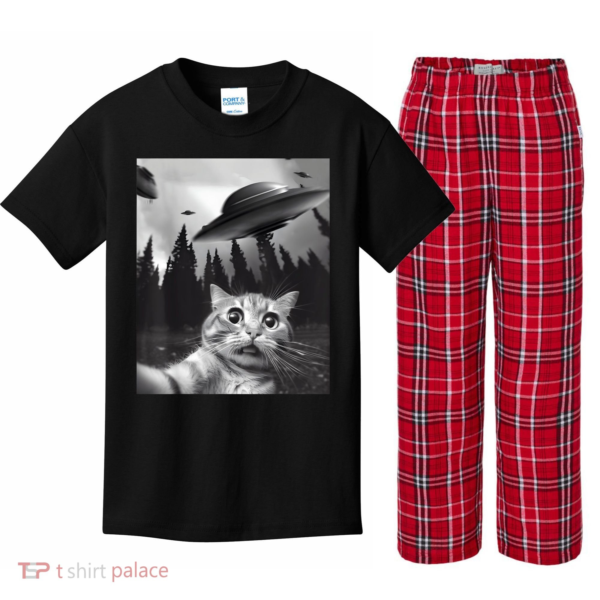 Alien UFO Funny Cat Selfie Kids Plaid Pajama Set