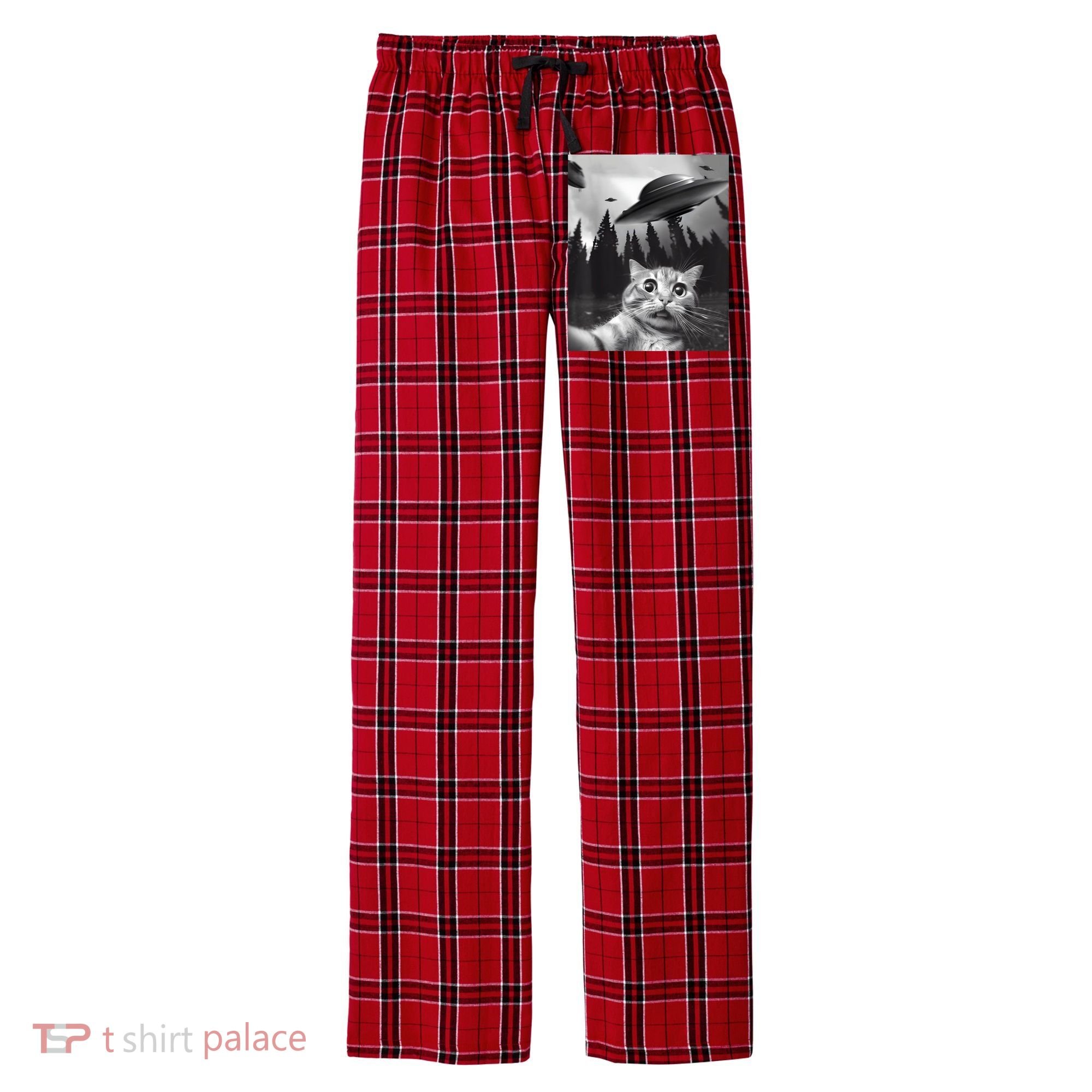 Alien UFO Funny Cat Selfie Men's Flannel Plaid Pajama Pants