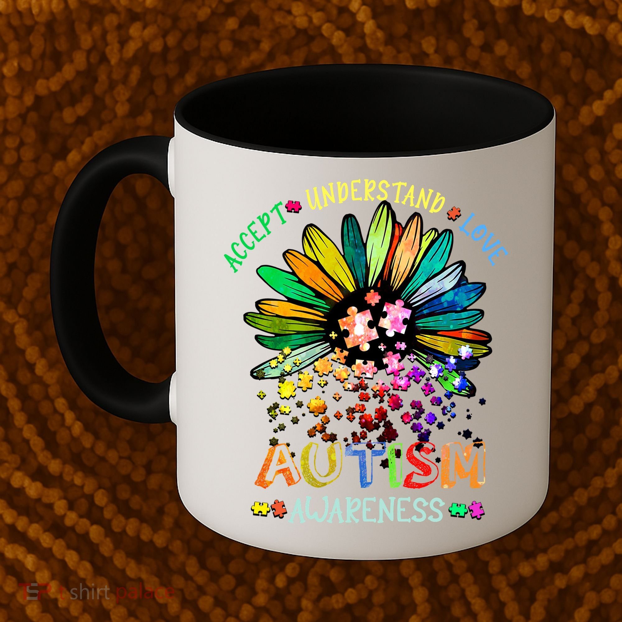 Accept Understand Love Autism Awareness Sunflower Puzzle Pieces Coffee Mug