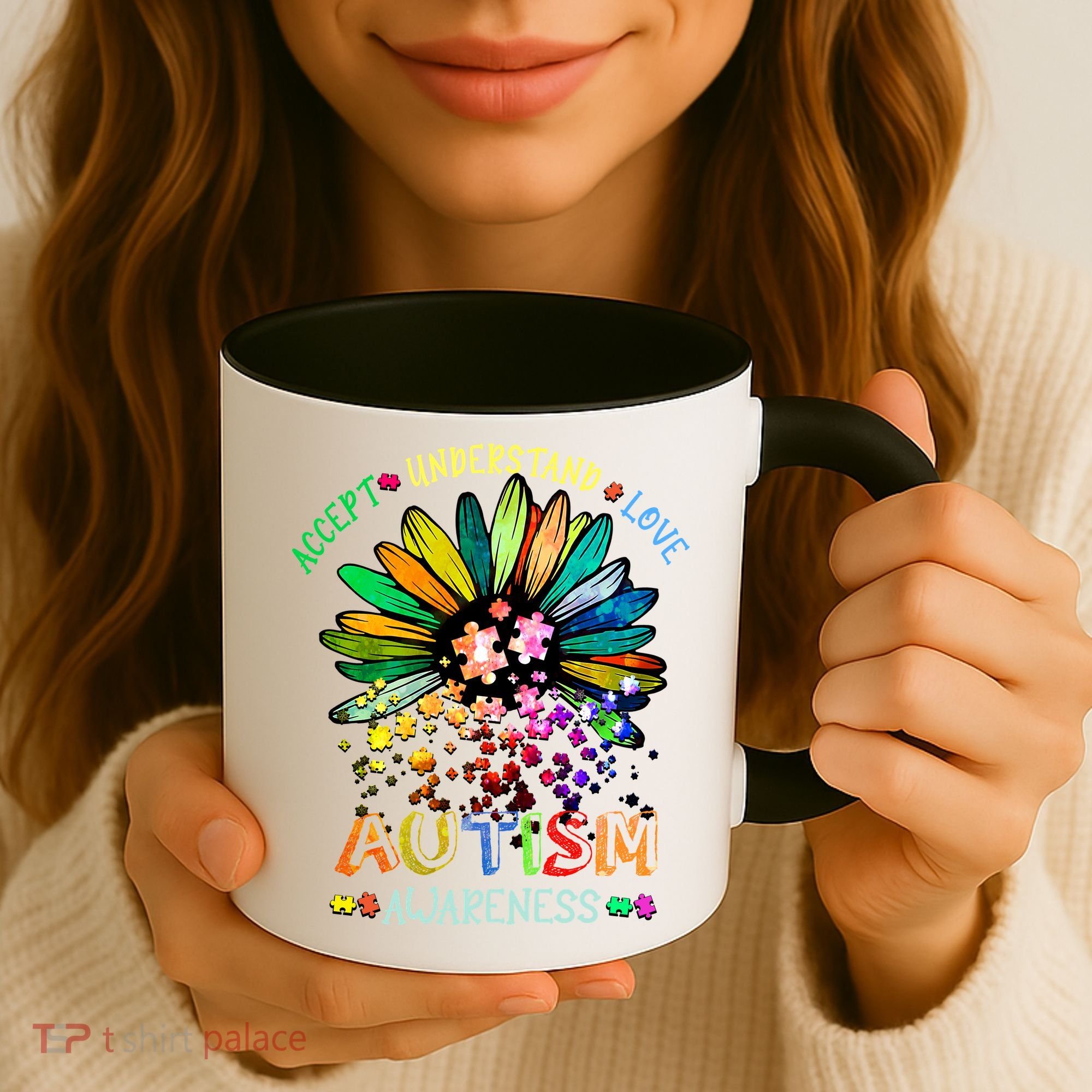 Accept Understand Love Autism Awareness Sunflower Puzzle Pieces Coffee Mug