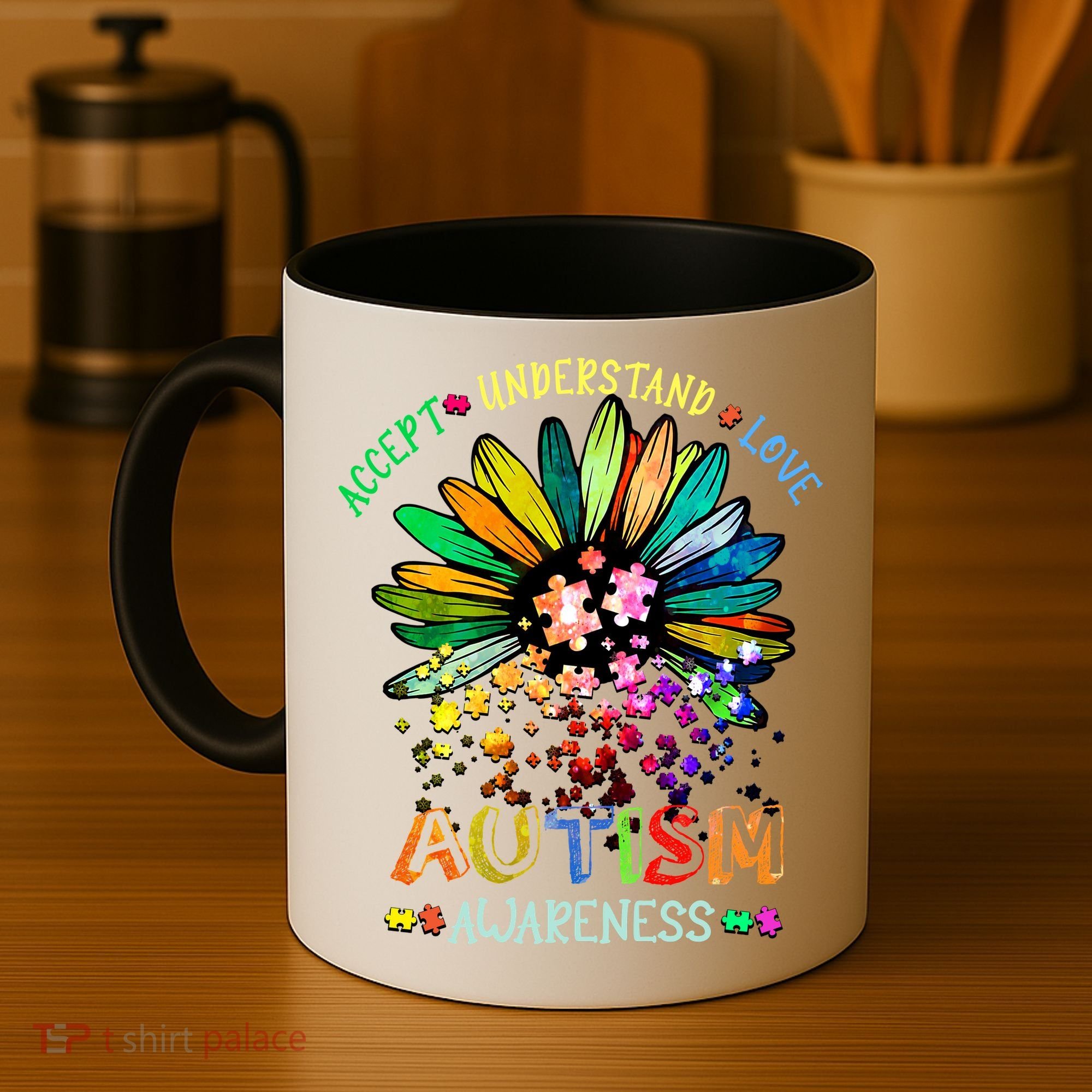 Accept Understand Love Autism Awareness Sunflower Puzzle Pieces Coffee Mug