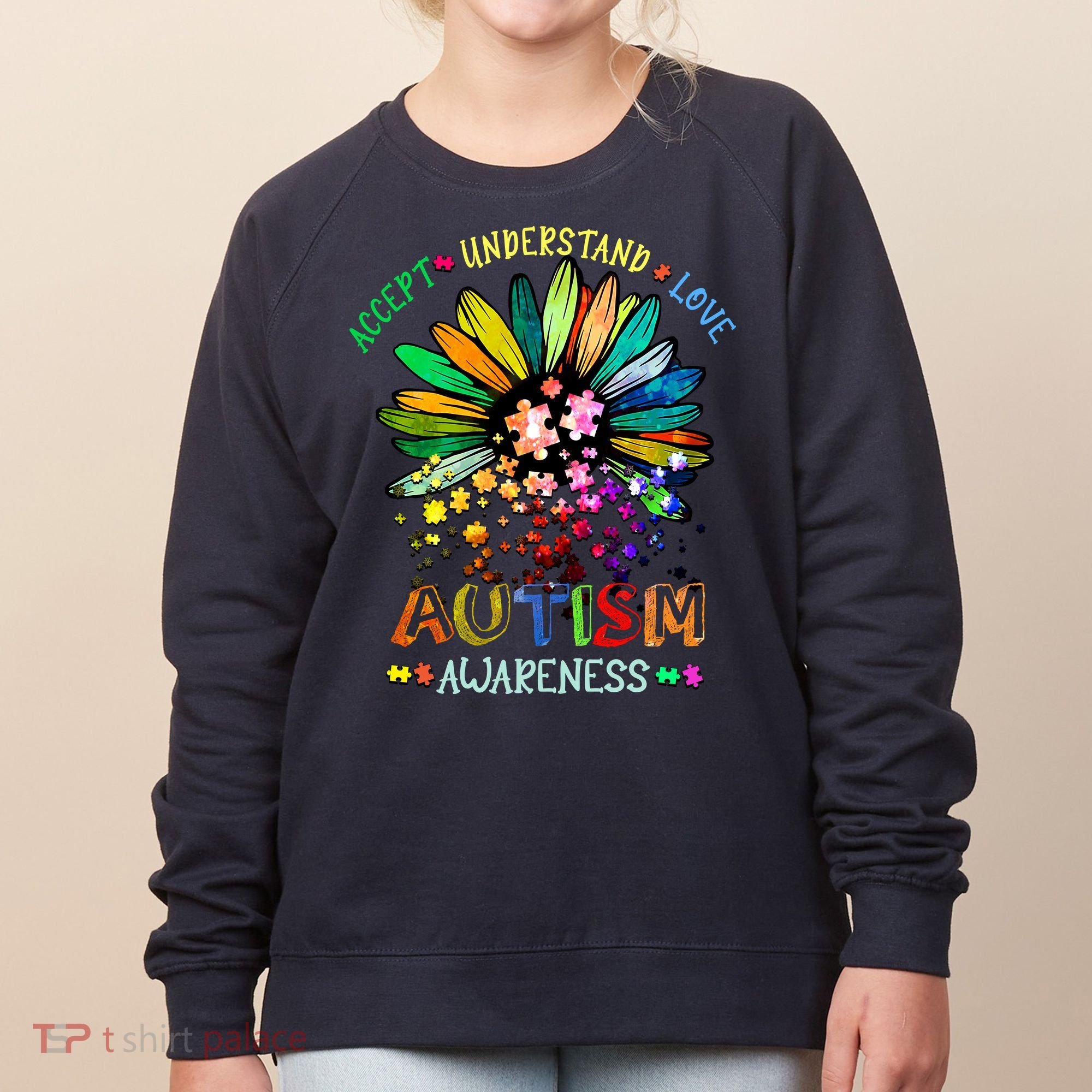 Accept Understand Love Autism Awareness Sunflower Puzzle Pieces Women's Sweatshirt