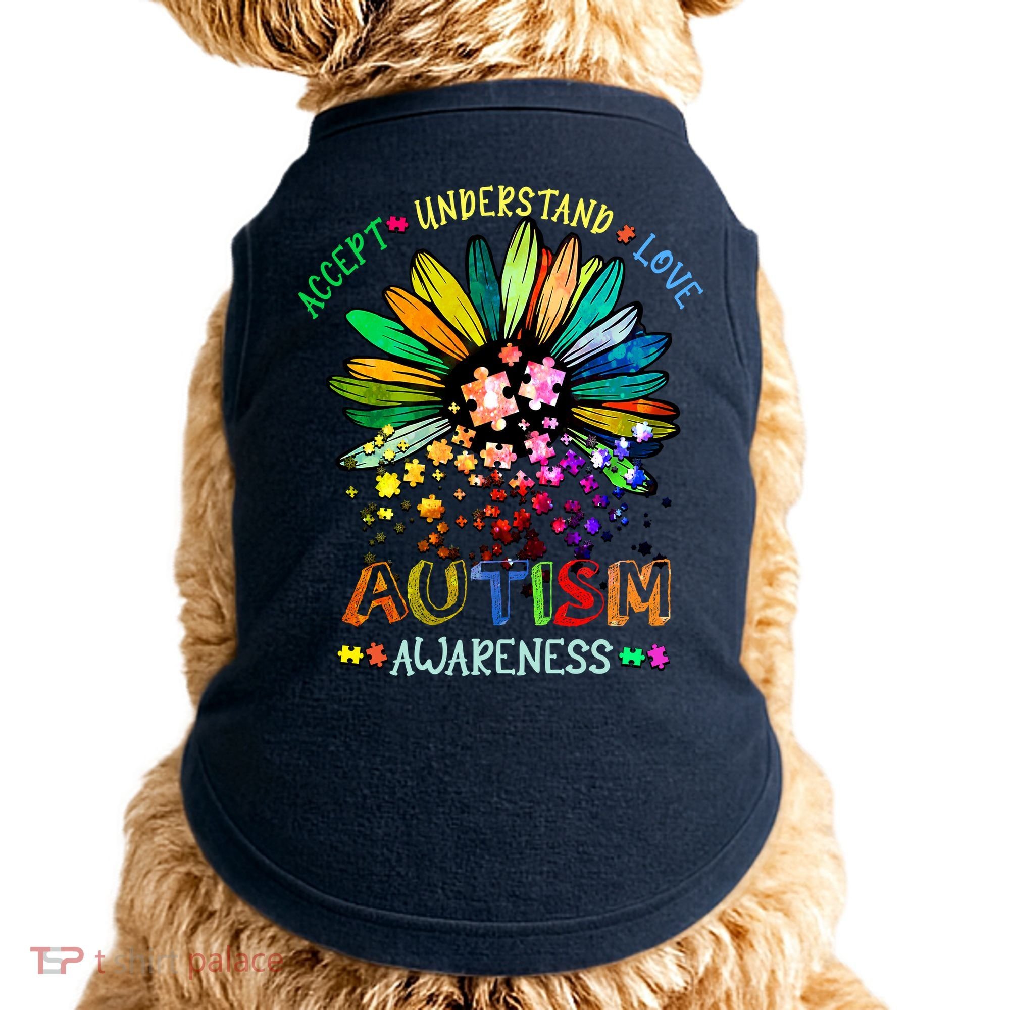 Accept Understand Love Autism Awareness Sunflower Puzzle Pieces Doggie Tank