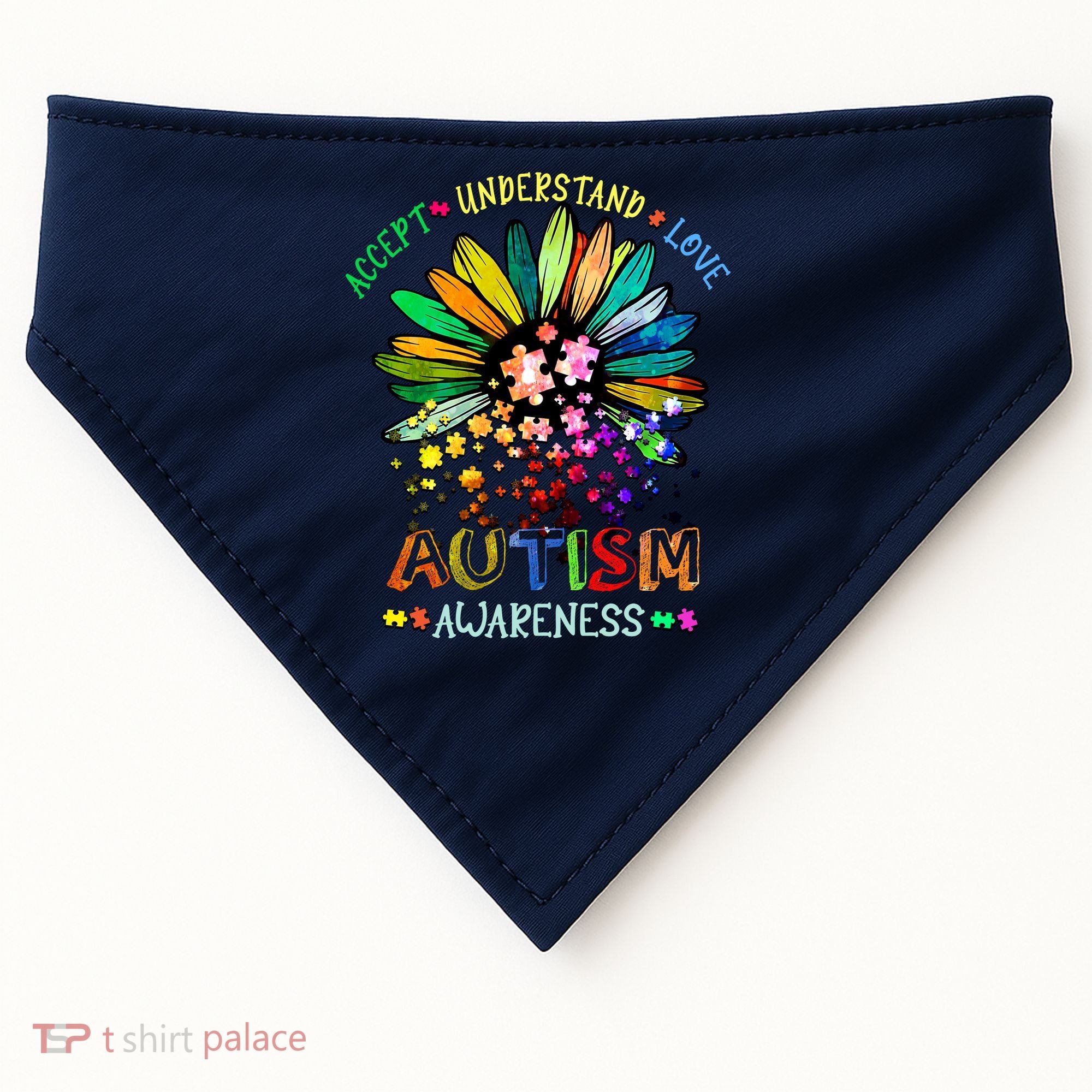 Accept Understand Love Autism Awareness Sunflower Puzzle Pieces USA-Made Doggie Bandana