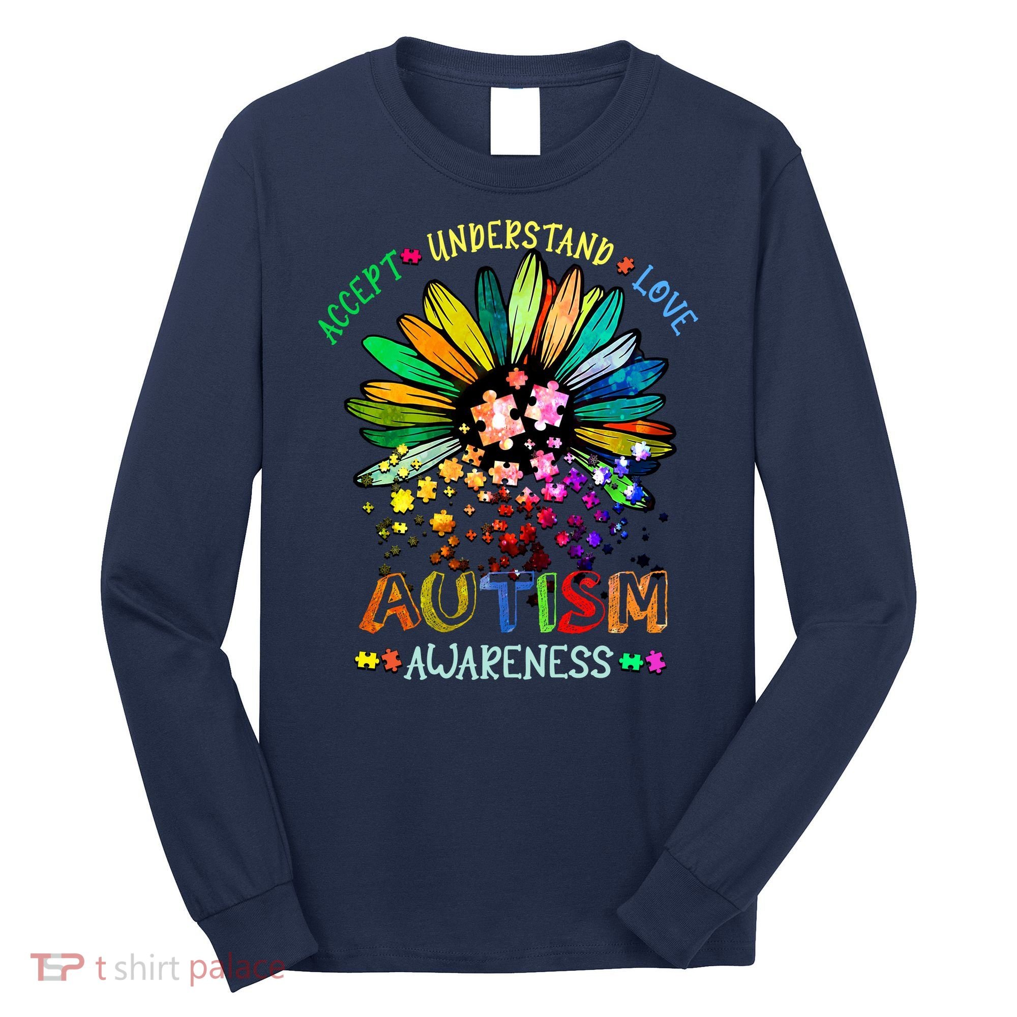 Accept Understand Love Autism Awareness Sunflower Puzzle Pieces Long Sleeve Shirt