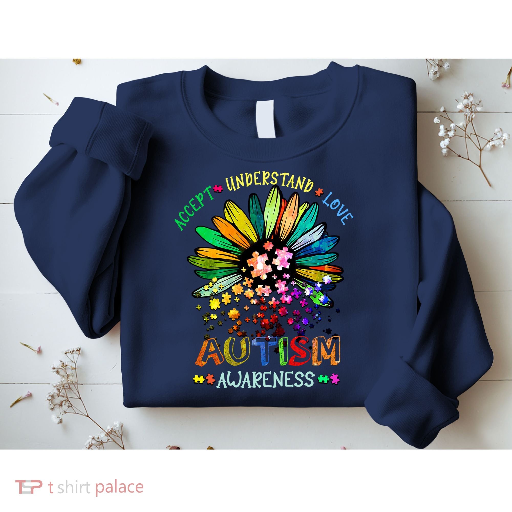 Accept Understand Love Autism Awareness Sunflower Puzzle Pieces Sweatshirt