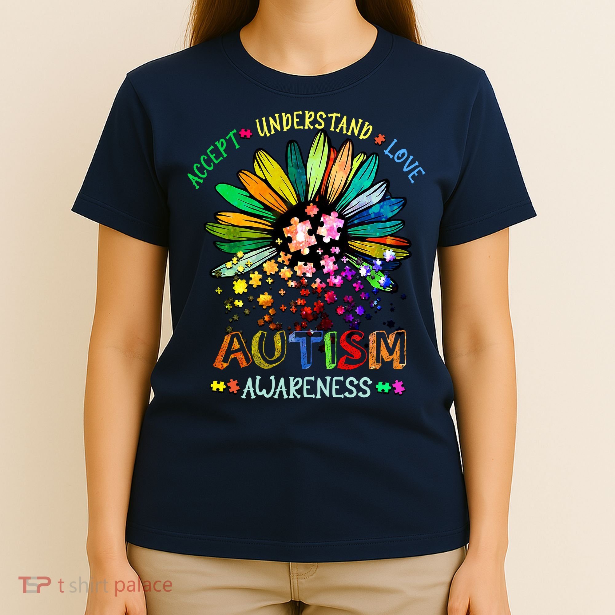 Accept Understand Love Autism Awareness Sunflower Puzzle Pieces T-Shirt