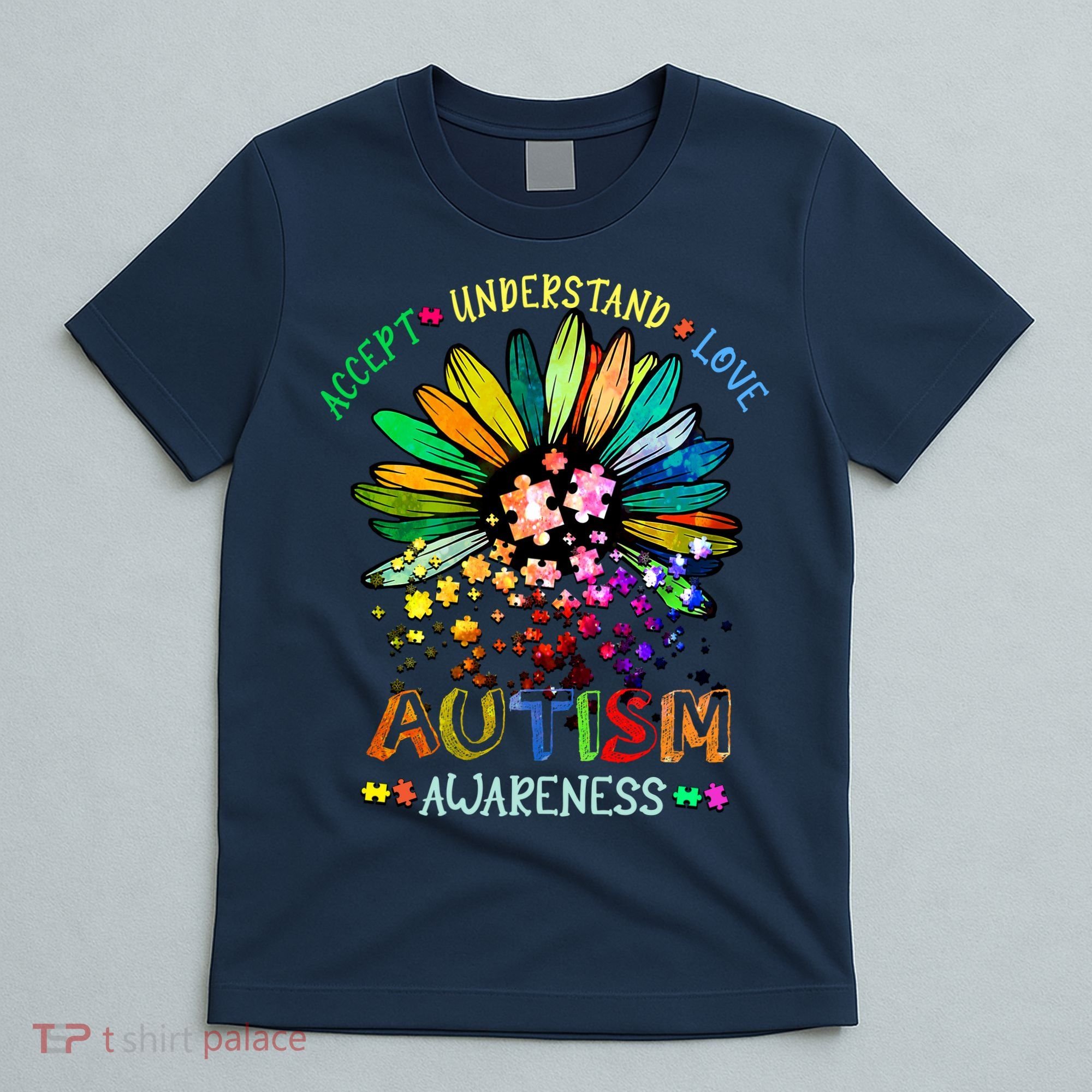 Accept Understand Love Autism Awareness Sunflower Puzzle Pieces T-Shirt