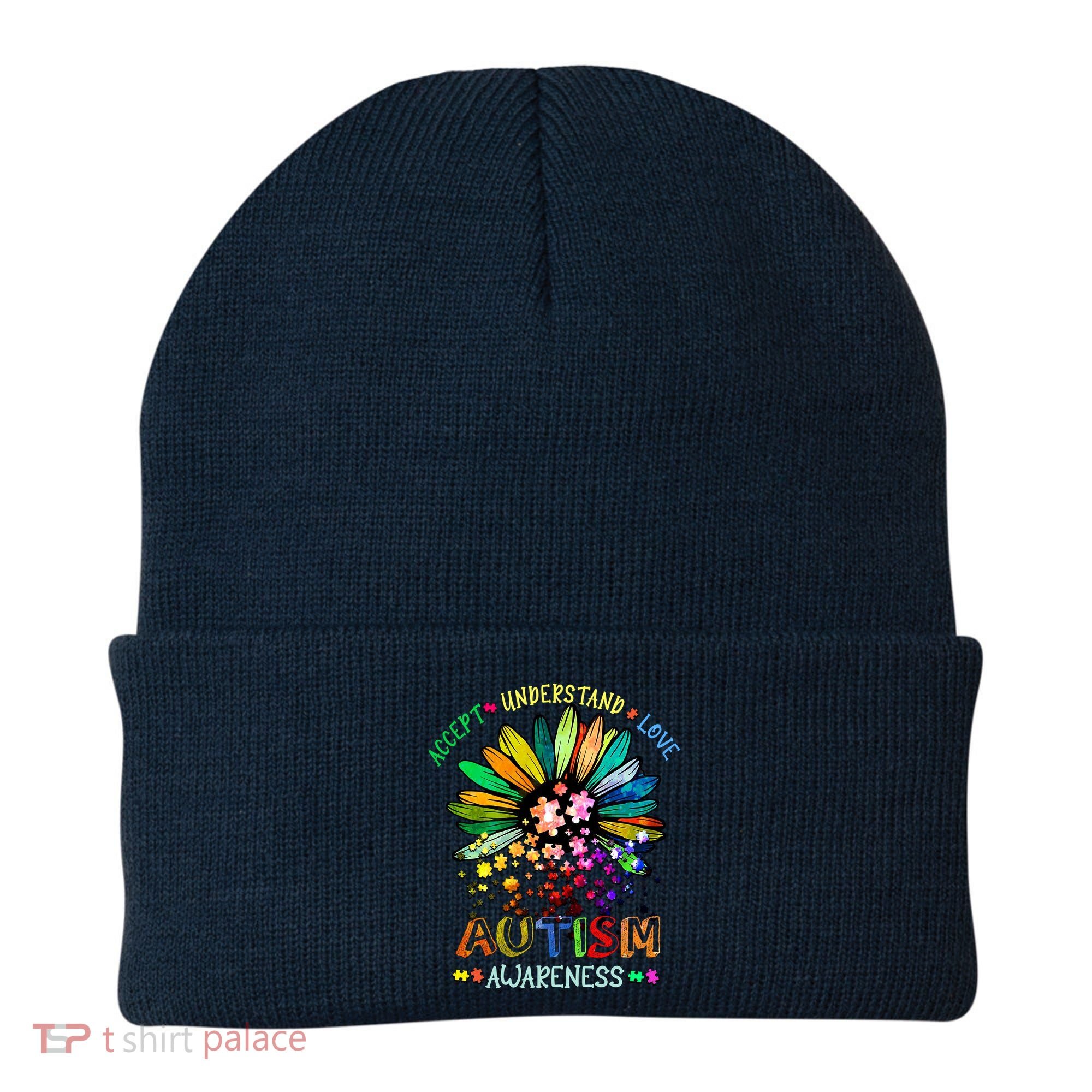 Accept Understand Love Autism Awareness Sunflower Puzzle Pieces Beanie