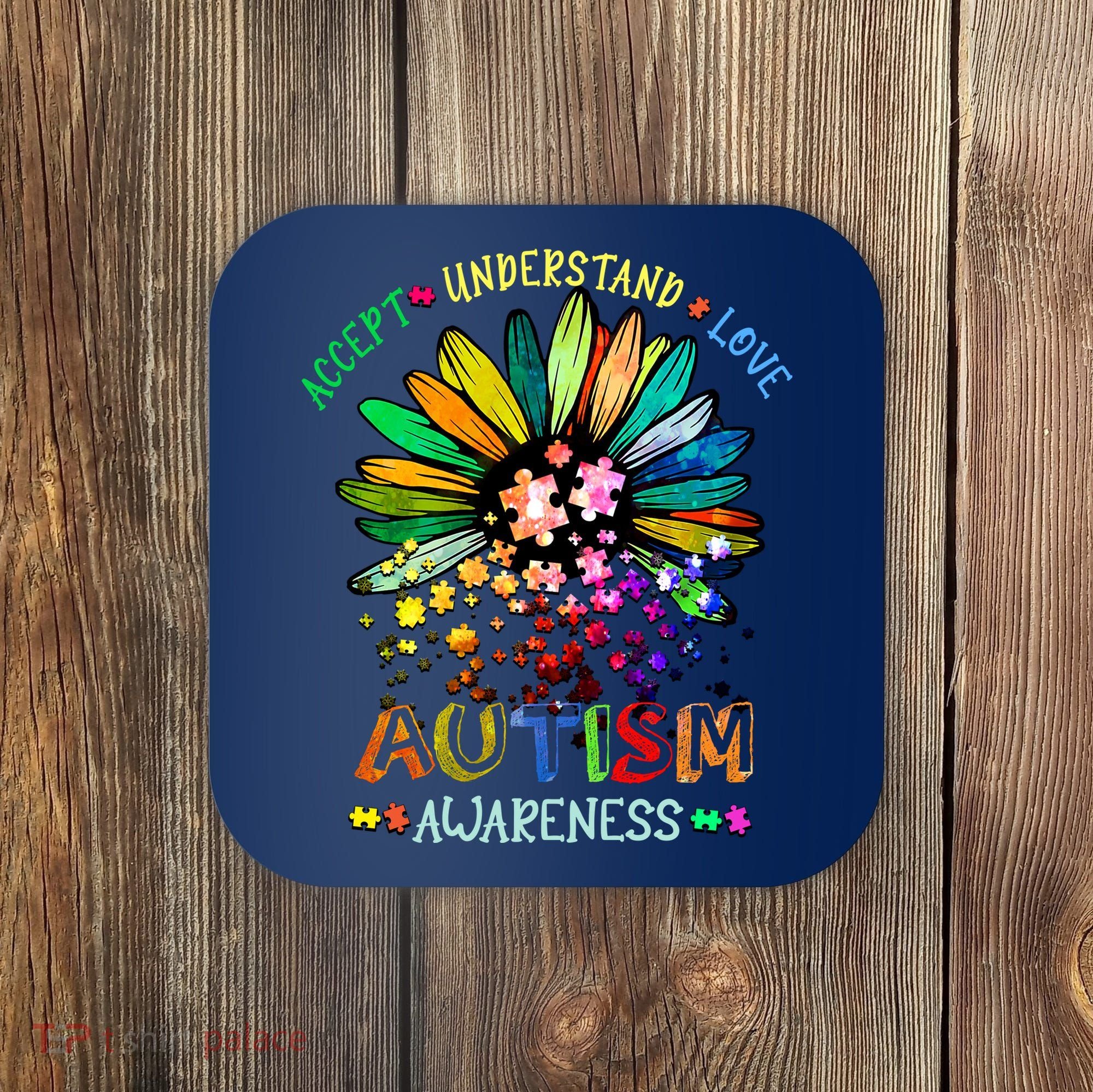 Accept Understand Love Autism Awareness Sunflower Puzzle Pieces Coaster