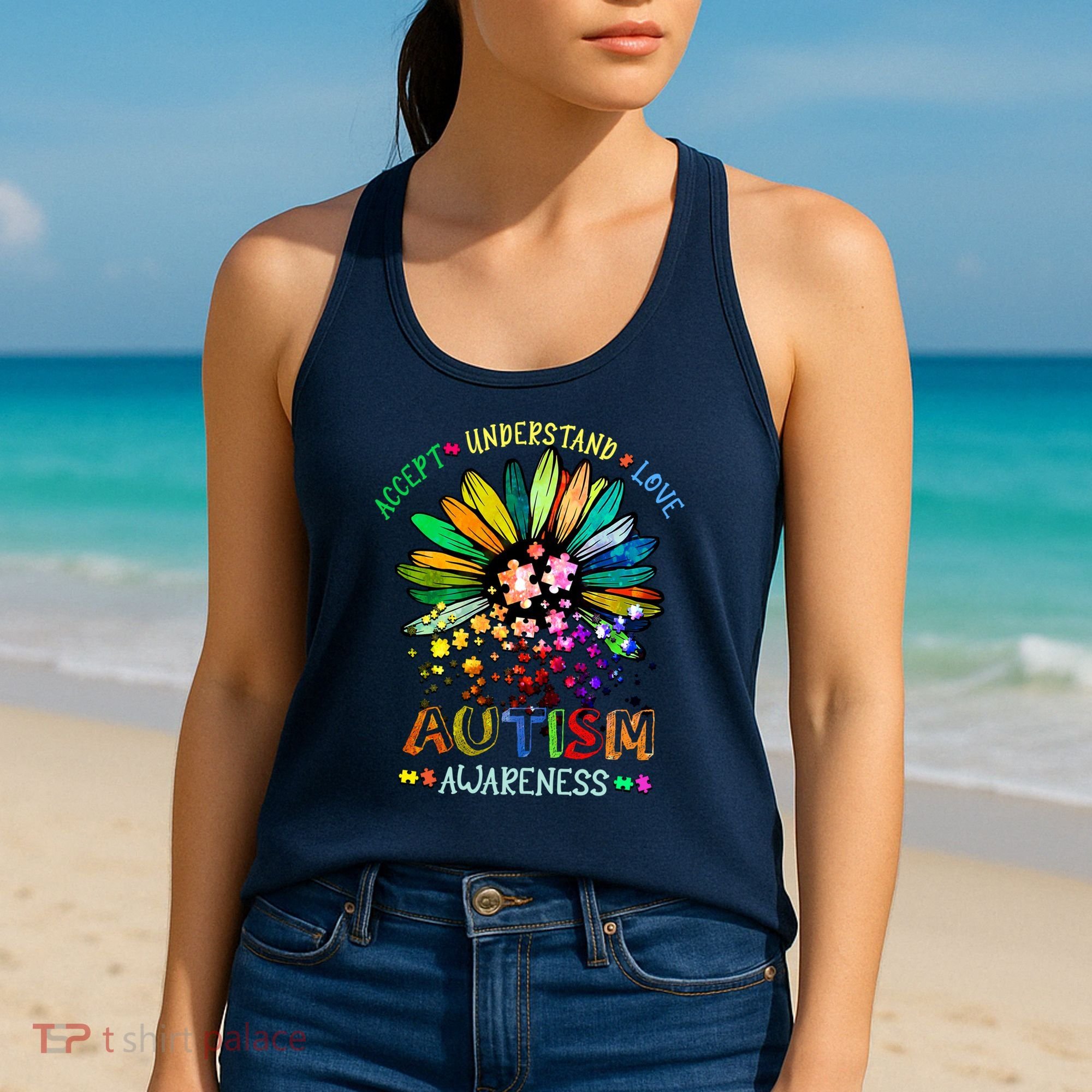 Accept Understand Love Autism Awareness Sunflower Puzzle Pieces Women's Tank Top