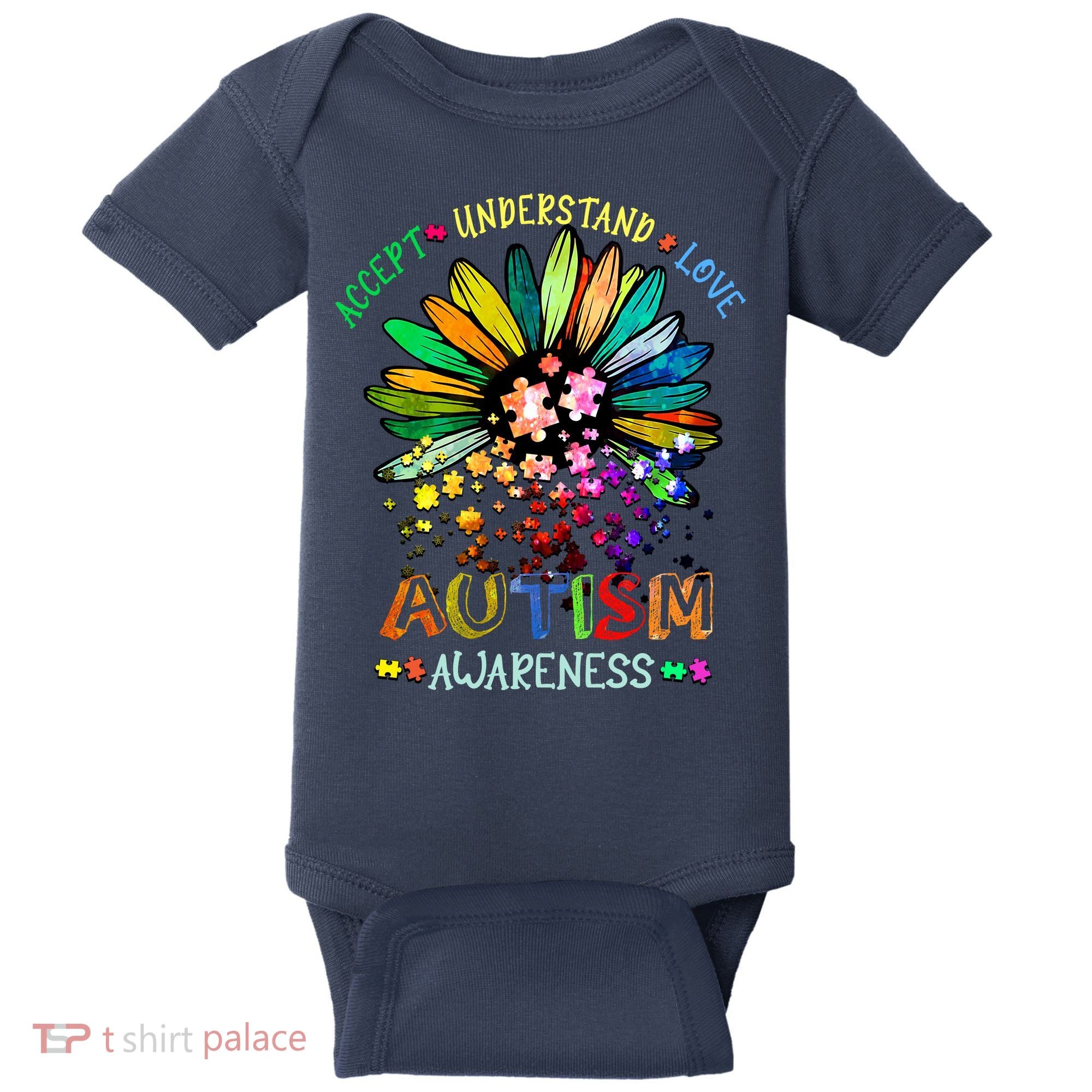 Accept Understand Love Autism Awareness Sunflower Puzzle Pieces Baby Bodysuit