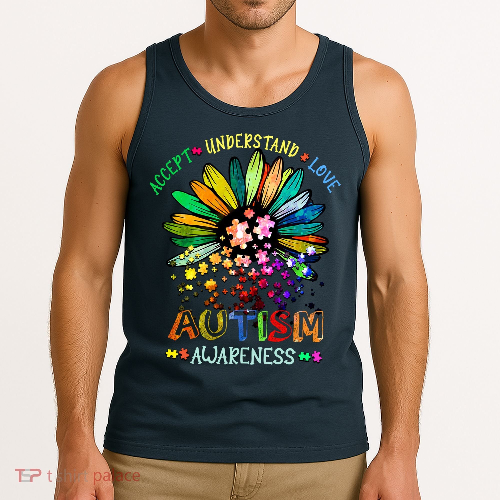 Accept Understand Love Autism Awareness Sunflower Puzzle Pieces Tank Top