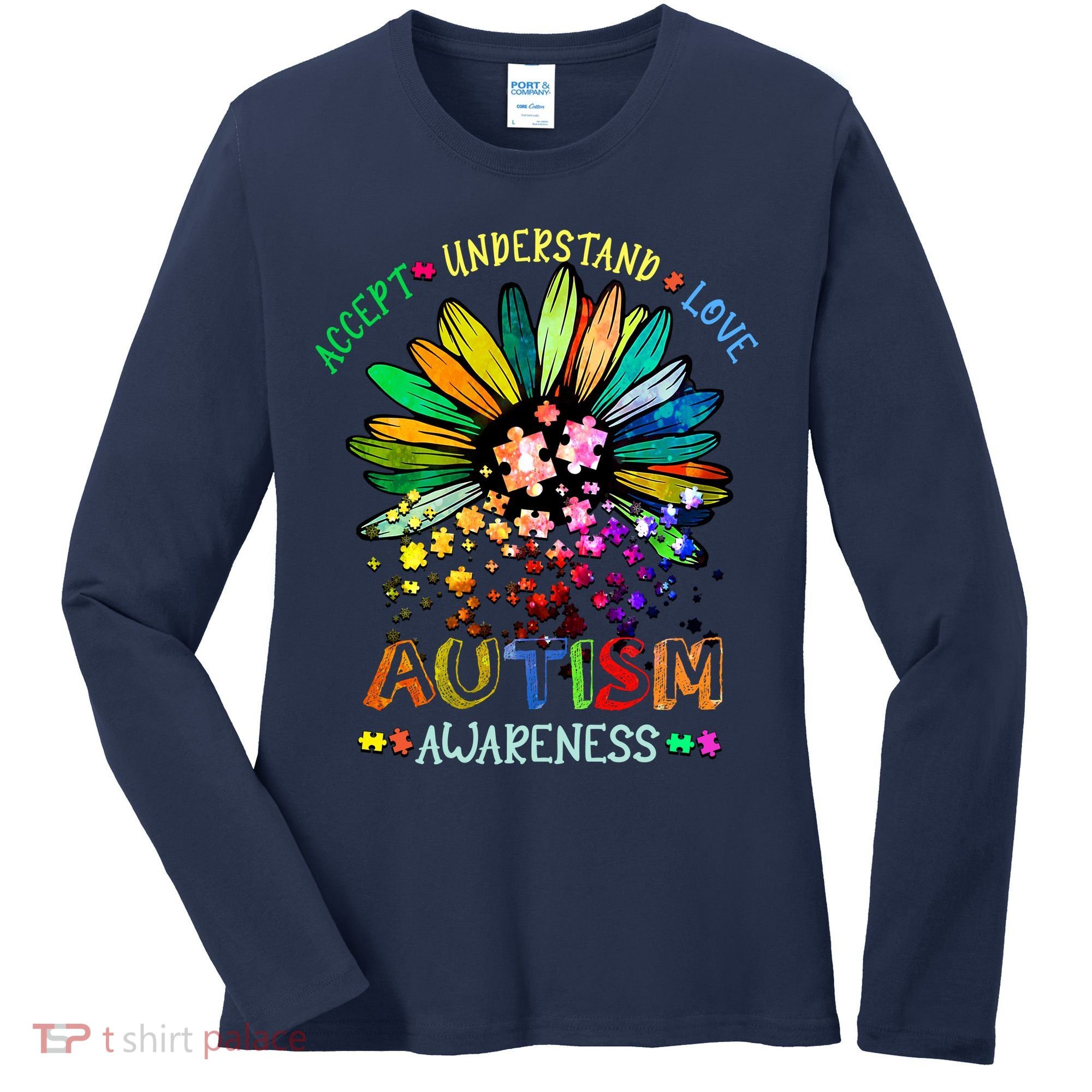 Accept Understand Love Autism Awareness Sunflower Puzzle Pieces Women's Long Sleeve Shirt