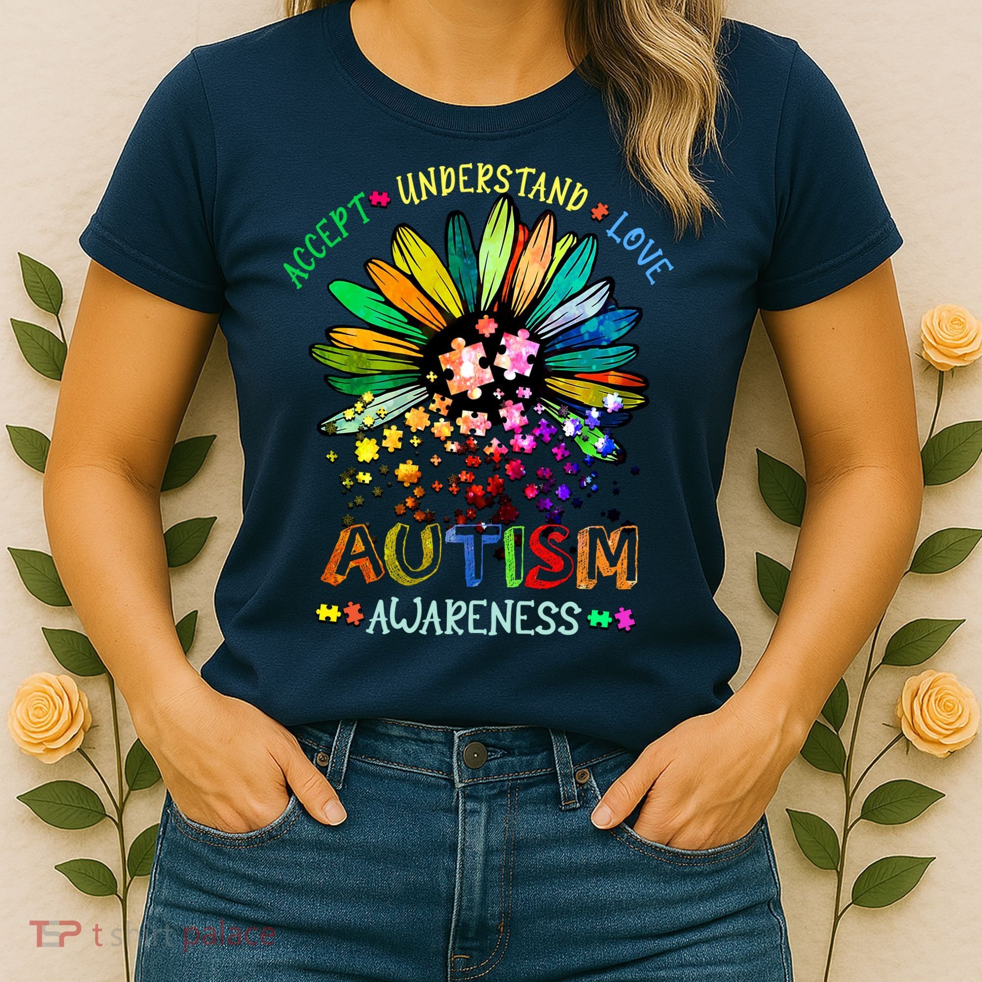 Accept Understand Love Autism Awareness Sunflower Puzzle Pieces Women's T-Shirt