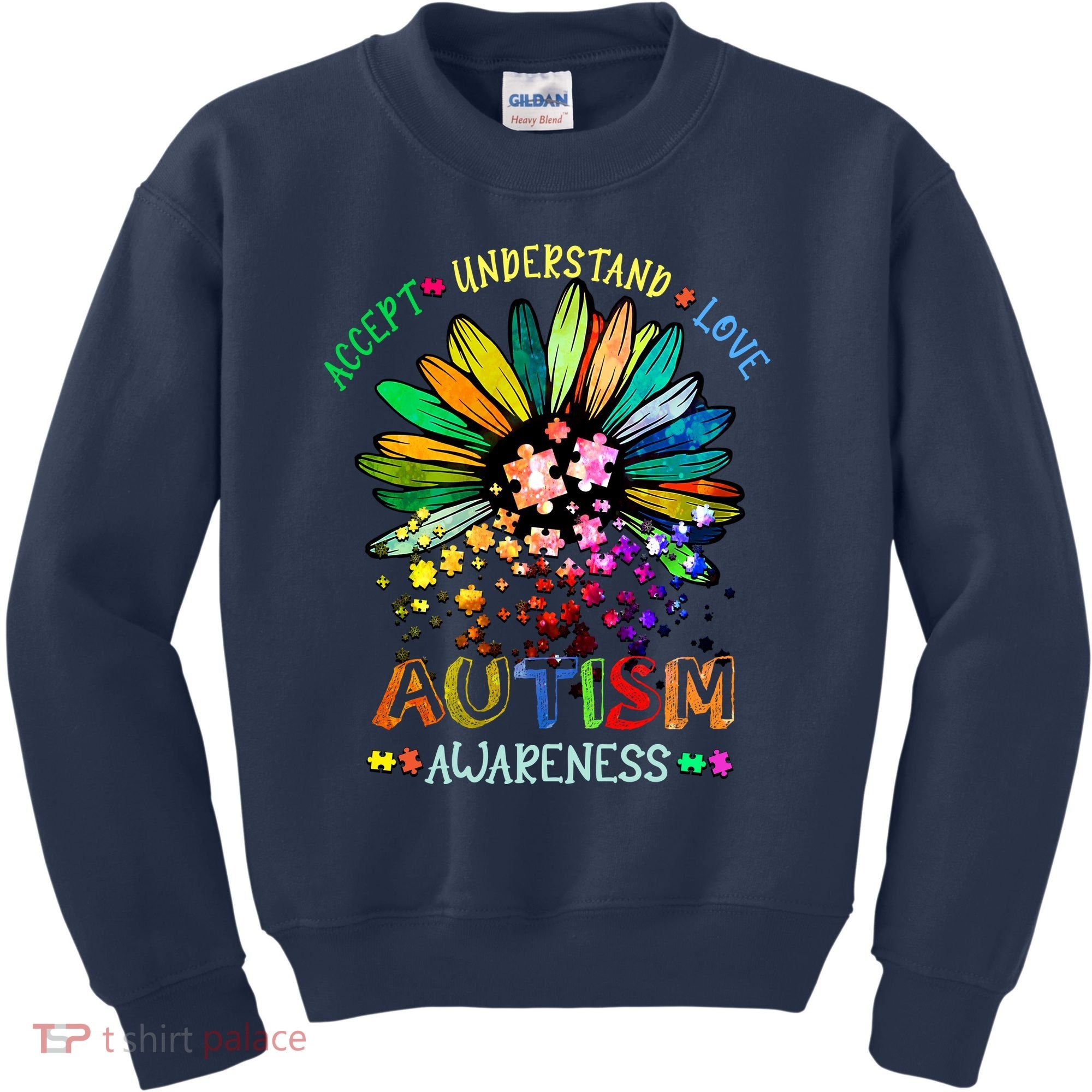 Accept Understand Love Autism Awareness Sunflower Puzzle Pieces Kids Sweatshirt